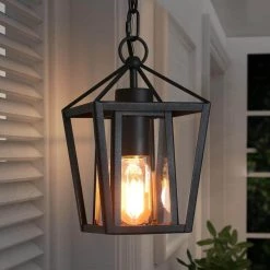 Modern Black Outdoor Pendant Light, Arie 1-Light Farmhouse Cage Outdoor Lantern Pendant Light with Clear Glass Shade by Uolfin