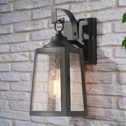 Farmhouse Black Outdoor Wall Sconce, 1-Light Modern Outdoor Wall Lantern Sconce with Rustic Seeded Glass Shade by Uolfin