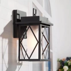 Farmhouse Black Outdoor Wall Sconce, Vistia 1-Light Modern Cage Outdoor Wall Lantern Sconce with Frosted Glass Shade by Uolfin