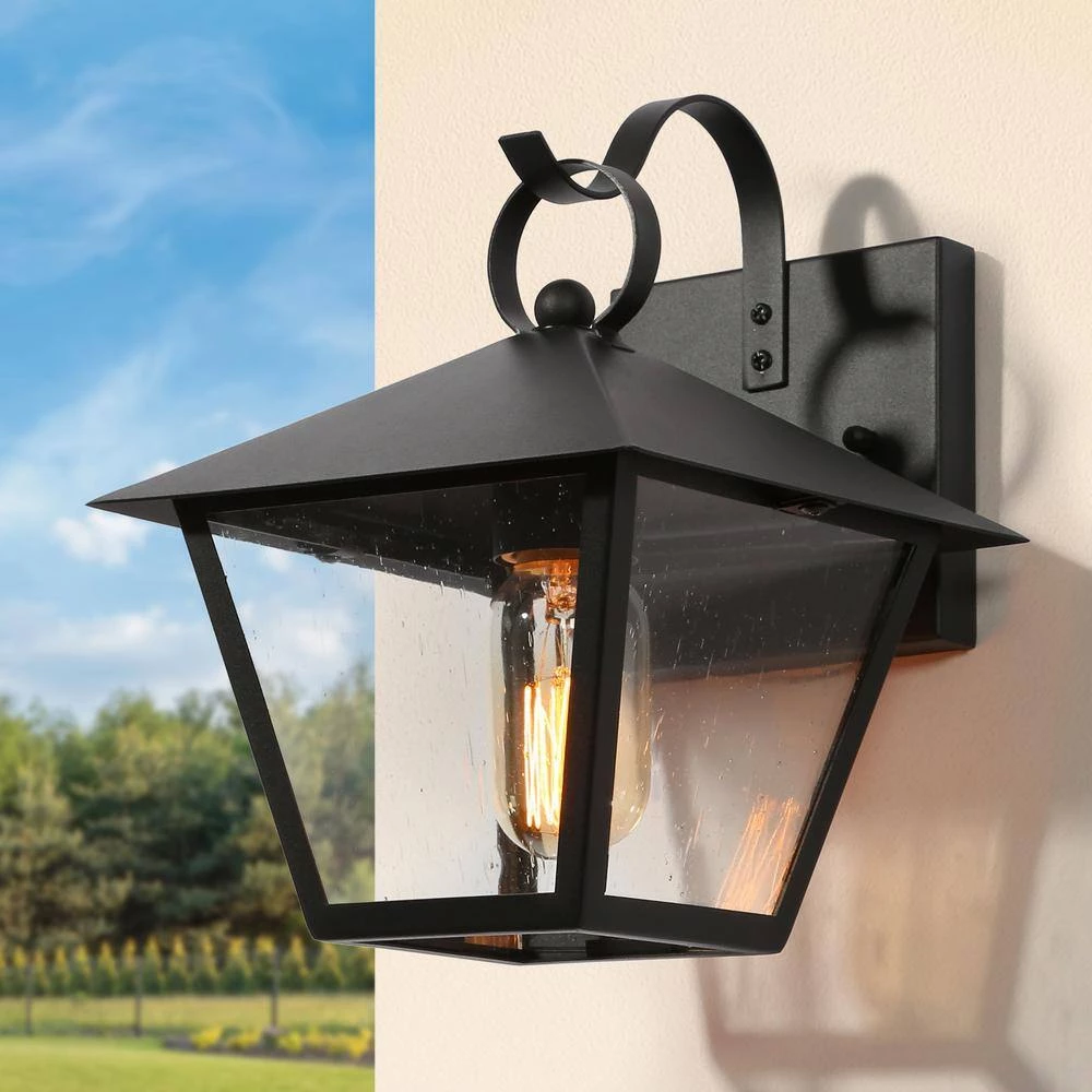 Farmhouse Black Outdoor Wall Light, 10 in. H 1-Light Modern Cage Outdoor Wall Lantern Sconce with Seeded Glass Shade by Uolfin - Image 3