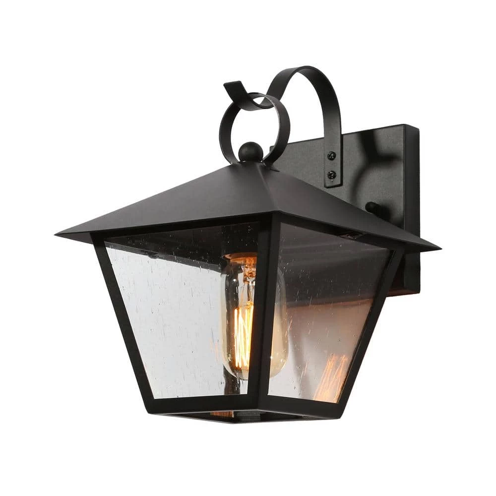 Farmhouse Black Outdoor Wall Light, 10 in. H 1-Light Modern Cage Outdoor Wall Lantern Sconce with Seeded Glass Shade by Uolfin - Image 4