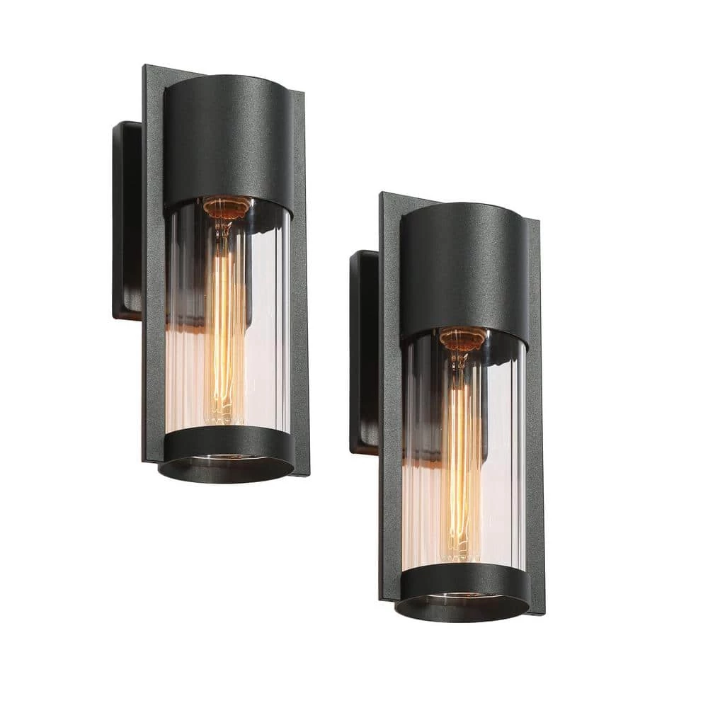 1-Light Modern Black Non-Solar Hardwired Outdoor Wall Lantern Sconce with Clear Glass Shade (2-Pack) by Uolfin