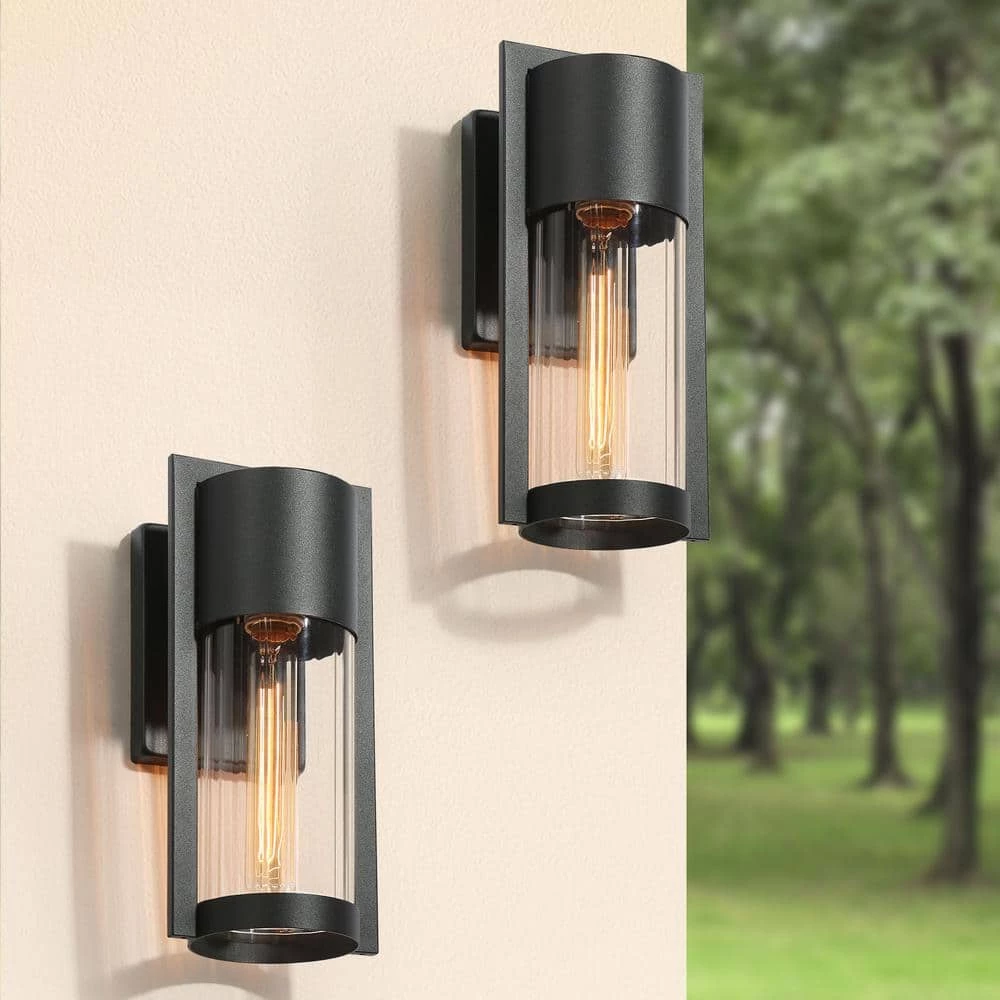 1-Light Modern Black Non-Solar Hardwired Outdoor Wall Lantern Sconce with Clear Glass Shade (2-Pack) by Uolfin - Image 2