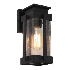 1-Light Modern Minimalist Black Non-Solar Hardwired Outdoor Wall Lantern Sconce with Seeded Glass Shade by Uolfin