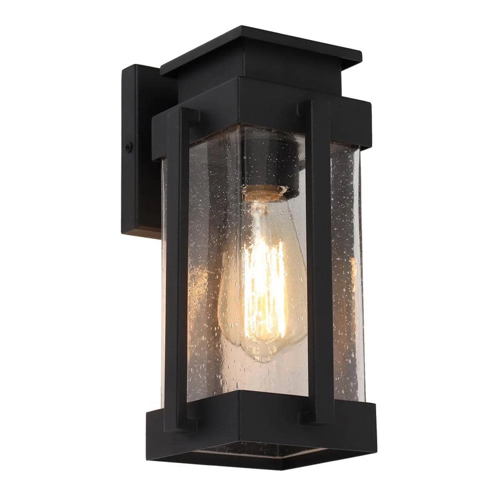 1-Light Modern Minimalist Black Non-Solar Hardwired Outdoor Wall Lantern Sconce with Seeded Glass Shade by Uolfin