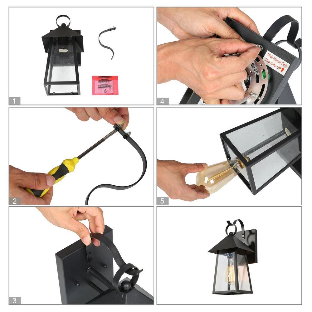 Modern Black Outdoor Wall Light Ceno 1-Light Cage Outdoor Wall Sconce Light with Seeded Glass Shade 1-Pack by Uolfin - Image 6