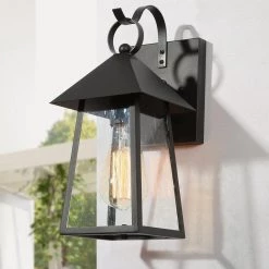 Modern Black Outdoor Wall Light Ceno 1-Light Cage Outdoor Wall Sconce Light with Seeded Glass Shade 1-Pack by Uolfin