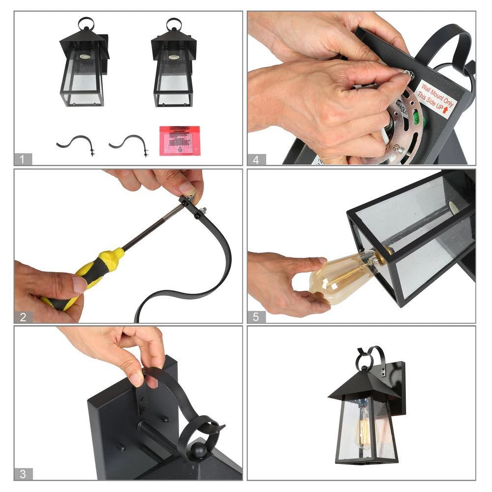 Modern Cage Outdoor Wall Light 1-Light Black Outdoor Wall Lantern Sconce Light with Seeded Glass Shade (2-Pack) by Uolfin - Image 6