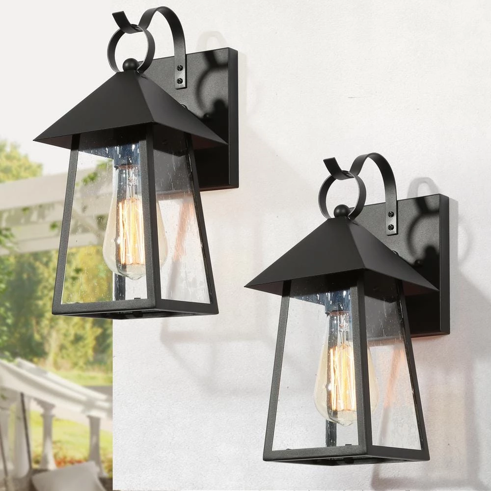 Modern Cage Outdoor Wall Light 1-Light Black Outdoor Wall Lantern Sconce Light with Seeded Glass Shade (2-Pack) by Uolfin