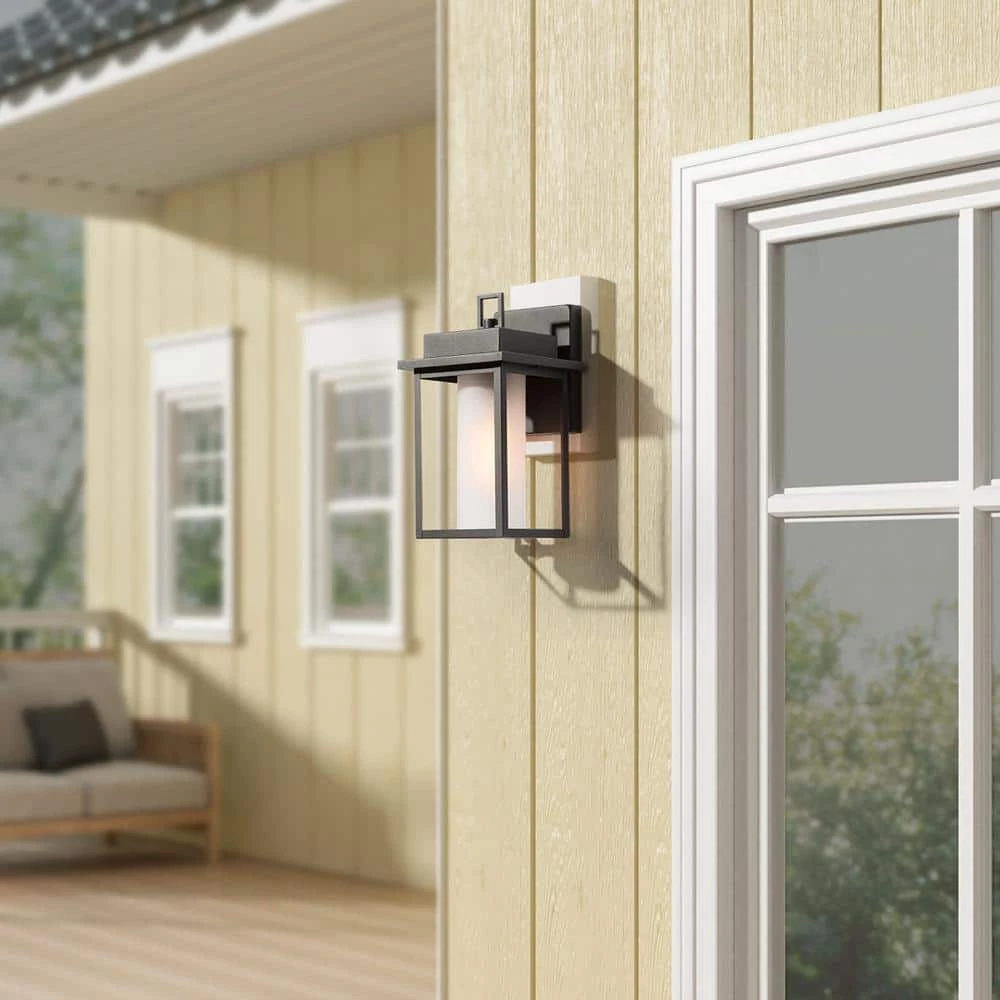 Modern Black Outdoor Light Fixtures, 1-Light Textured Square Outdoor Wall Lantern Sconce with Frosted Glass Shade by Uolfin - Image 3
