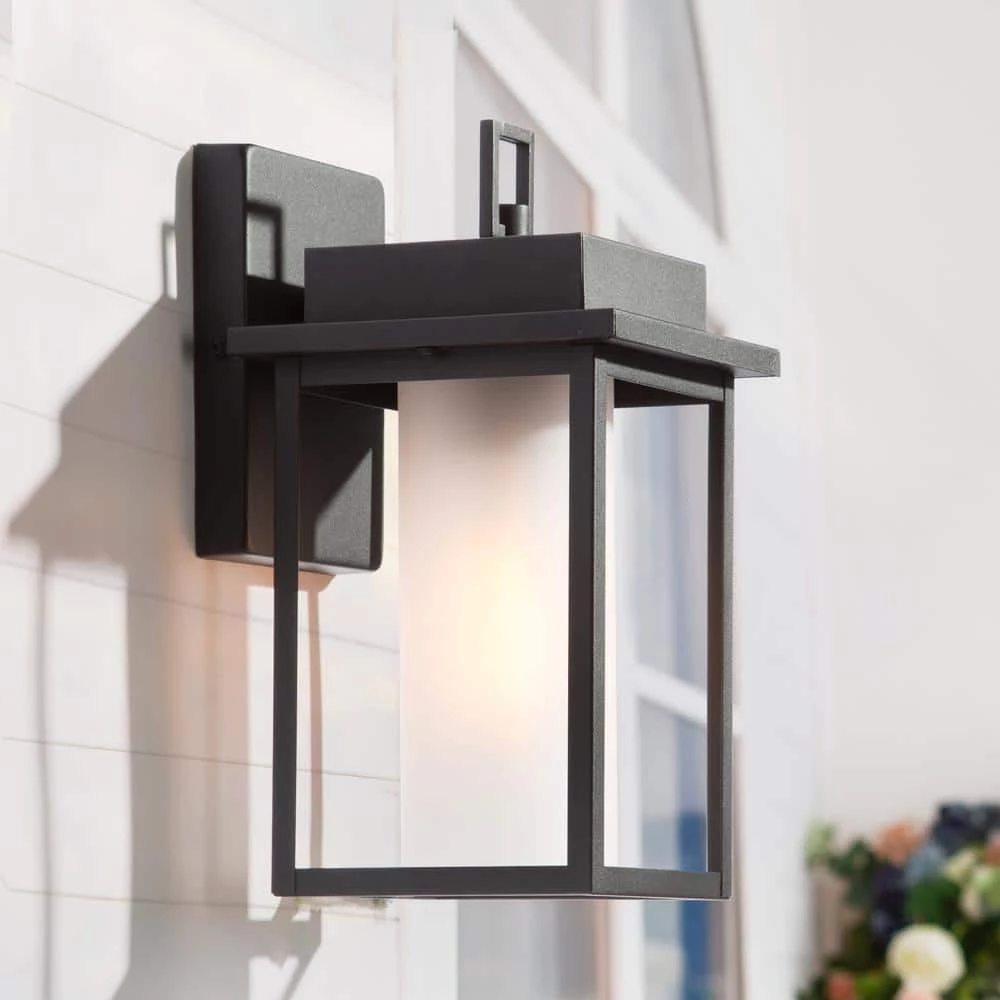 Modern Black Outdoor Light Fixtures, 1-Light Textured Square Outdoor Wall Lantern Sconce with Frosted Glass Shade by Uolfin
