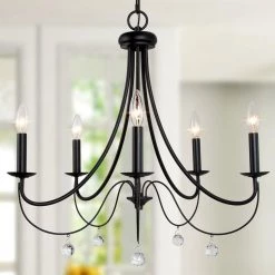 Modern Island Candlestick Chandelier Light Delilah 24" 5-Light Large Matte Black Chandelier with Crystal Pendant Drops by Uolfin