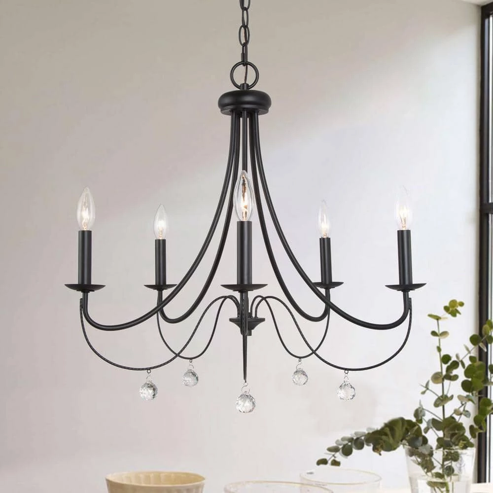 Modern Island Candlestick Chandelier Light Delilah 24" 5-Light Large Matte Black Chandelier with Crystal Pendant Drops by Uolfin - Image 4