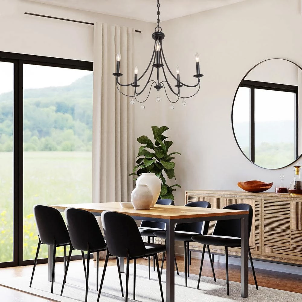 Modern Island Candlestick Chandelier Light Delilah 24" 5-Light Large Matte Black Chandelier with Crystal Pendant Drops by Uolfin - Image 2