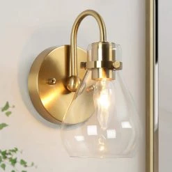 Modern Teardrop Bedroom Wall Light(s) 1-Light Brass Wall Sconce Lighting Bathroom Wall Light(s) with Clear Glass Shade by Uolfin