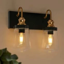 Modern Farmhouse Bathroom Wall Sconce, 2-Light Black and Brass Transitional Bell Vanity Light with Clear Glass Shades by Uolfin