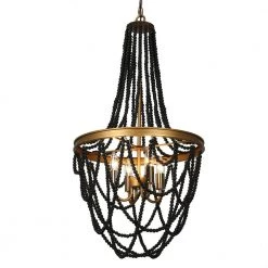 4-Light Farmhouse Black and Gold Island Chandelier with Wood Beads by Uolfin