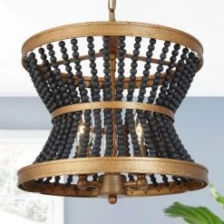 3-Light Modern Brass and Black Drum Chandelier Light with Wooden Beads by Uolfin