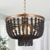 Modern Black & Brass Drum Chandelier, Boho 4-Light Island Chandelier Light with Wood Beads by Uolfin