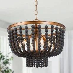 Modern Black & Brass Drum Chandelier, Boho 4-Light Island Chandelier Light with Wood Beads by Uolfin