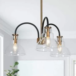 Modern Black Gold Chandelier, Linear 3-light Bedroom Chandelier with Clear Glass Shades by Uolfin