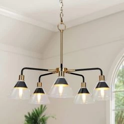 5-Light Modern Black & Brass Island Chandelier Light with Clear Glass Shades by Uolfin