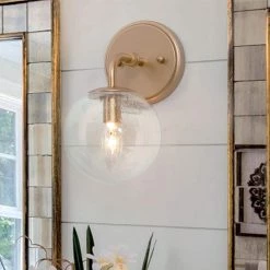 Modern Brass Gold Bedroom Wall Light Iros 1-Light Globe Bathroom Vanity Light with Seeded Glass Shade by Uolfin