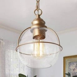 Modern Globe Pendant Hanging Light 1-Light Brass Gold Island Chandelier Pendant Light with Seeded Glass Shade by Uolfin