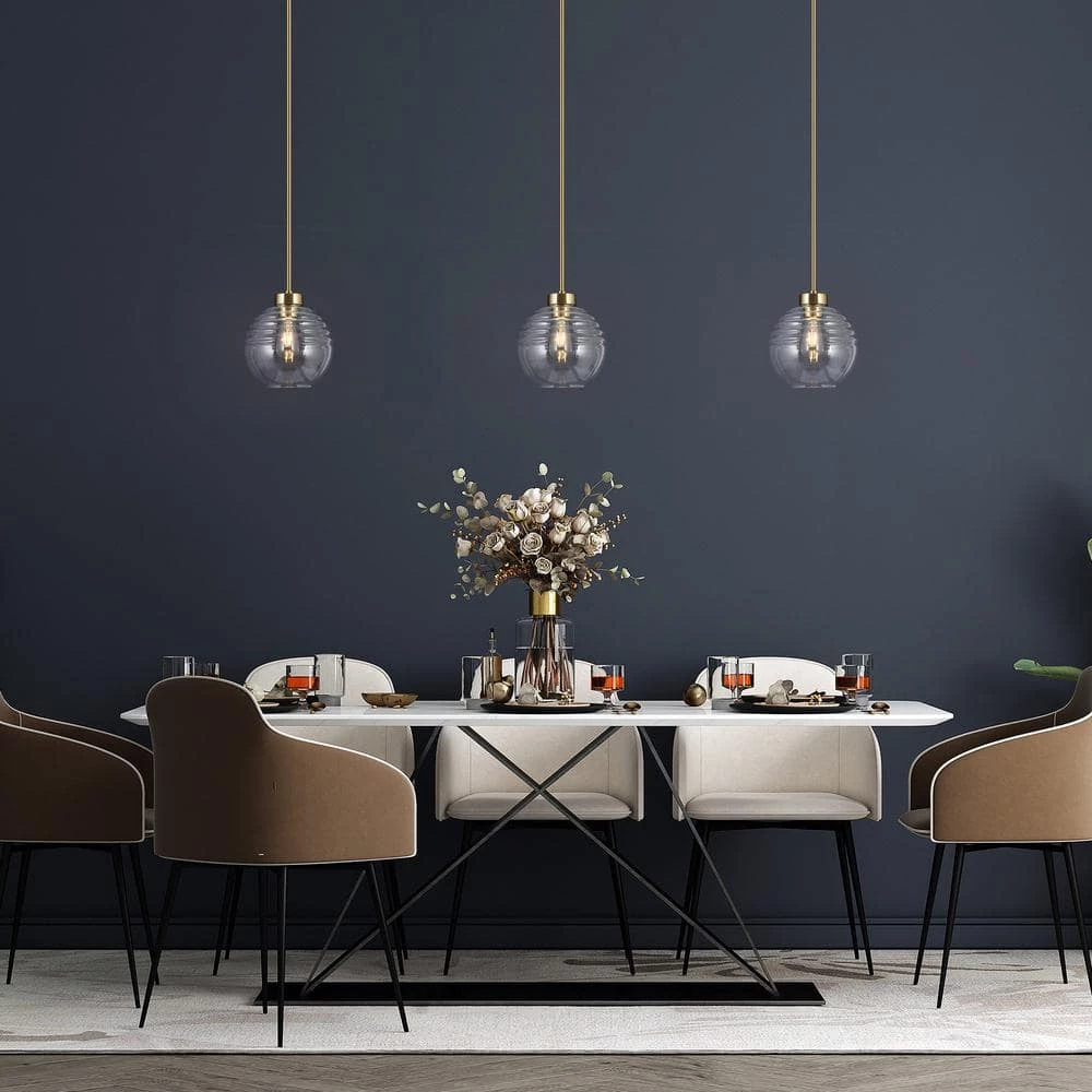 Modern Kitchen Island Pendant Light Bubble 1-Light Brass Gold Pendant Lighting with Clear Striped Glass Shade by Uolfin - Image 3