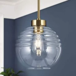 Modern Kitchen Island Pendant Light Bubble 1-Light Brass Gold Pendant Lighting with Clear Striped Glass Shade by Uolfin