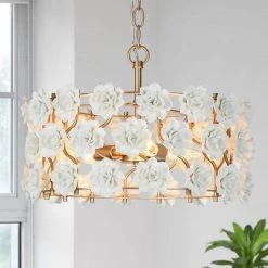 Farmhouse Gold Island Chandelier, 3-Light Modern Drum Chandelier Pendant Light with Handmade White Ceramic Flowers by Uolfin