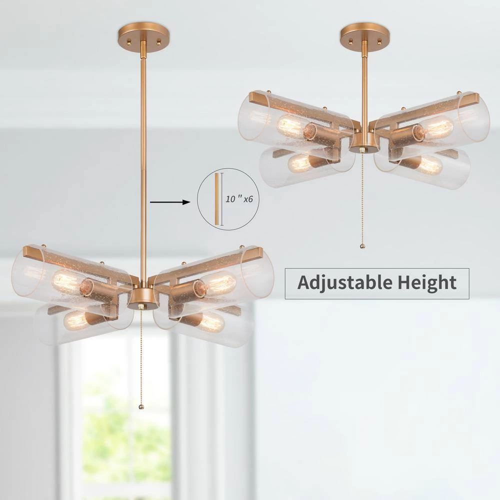 Modern Farmhouse Chandelier Island, Loe 4-Light Gold Island Cylinder Chandelier Pendant Light with Seeded Clear Shade by Uolfin - Image 4