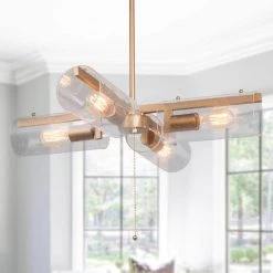 Modern Farmhouse Chandelier Island, Loe 4-Light Gold Island Cylinder Chandelier Pendant Light with Seeded Clear Shade by Uolfin