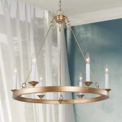 Modern Gold Dining Room Chandelier, 6-Light Farmhouse Brass Wagon Wheel Bedroom Chandelier with White Candlestick Lights by Uolfin