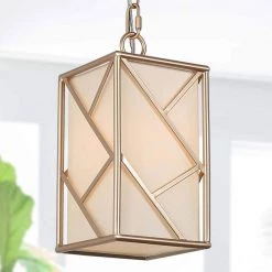 Gold Cage Mini Pendant Light, 1-Light Modern Geometric Lantern Kitchen Island Pendant Light with Fabric Shade by Uolfin