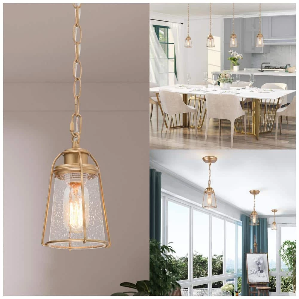 Farmhouse Gold Bell Pendant Light, 1-Light Modern Mini Bedroom Ceiling Pendant Light with Caged Seeded Glass Shade by Uolfin - Image 4