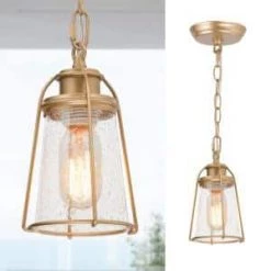 Farmhouse Gold Bell Pendant Light, 1-Light Modern Mini Bedroom Ceiling Pendant Light with Caged Seeded Glass Shade by Uolfin