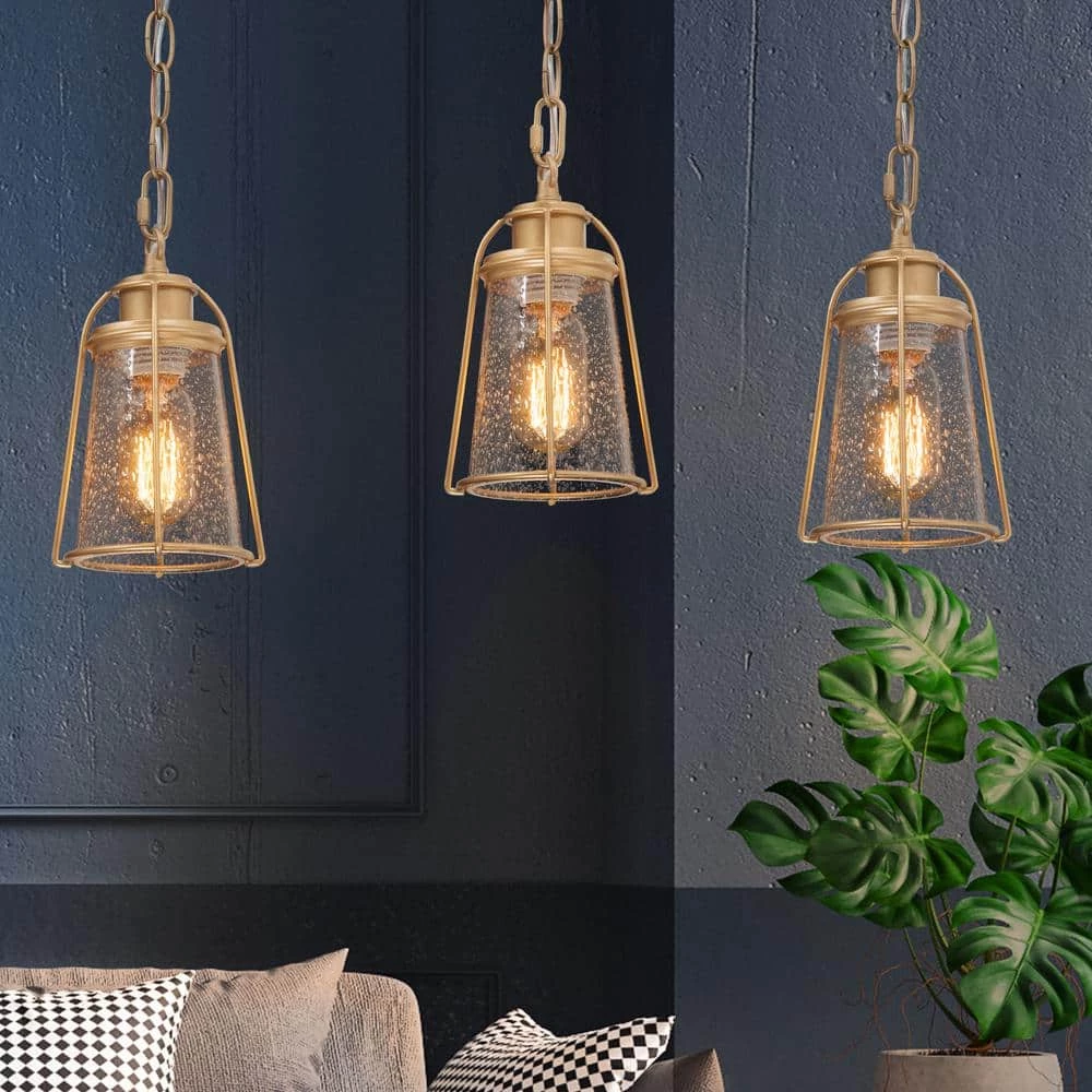 Farmhouse Gold Bell Pendant Light, 1-Light Modern Mini Bedroom Ceiling Pendant Light with Caged Seeded Glass Shade by Uolfin - Image 2