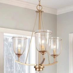 Modern Farmhouse Island Candlestick Chandelier Light, 3-Light Gold Chandelier Pendant Lights with Clear Glass Shades by Uolfin