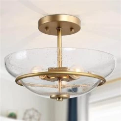 Camila 3-Light Brass Gold Semi-Flush Mount Modern Ceiling Light with Seeded Glass Shade by Uolfin