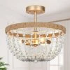 Modern Classic Bowl Semi-Flush Mount Light, 3-Light Gold Farmhouse Ceiling Light with Handmade Fabric Flowers by Uolfin