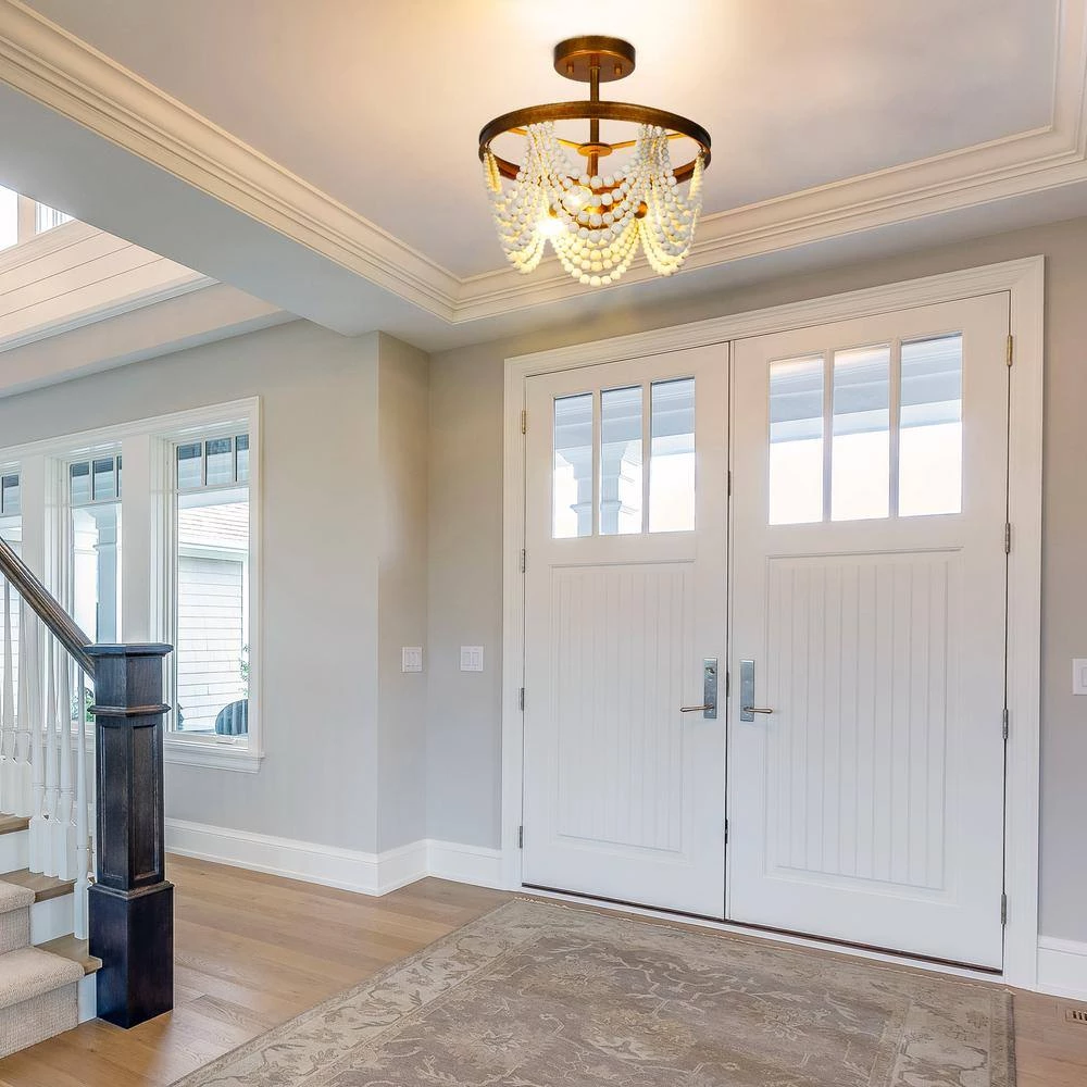 Modern Farmhouse Boho Ceiling Light 3-Light Antique Gold Round Semi-Flush Mount Light with White Wood Beads by Uolfin - Image 3