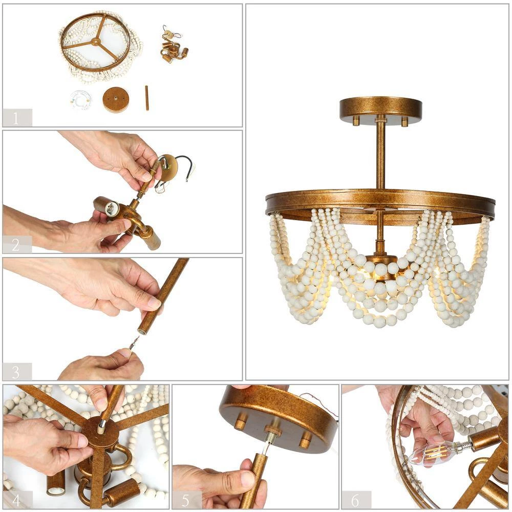 Modern Farmhouse Boho Ceiling Light 3-Light Antique Gold Round Semi-Flush Mount Light with White Wood Beads by Uolfin - Image 7