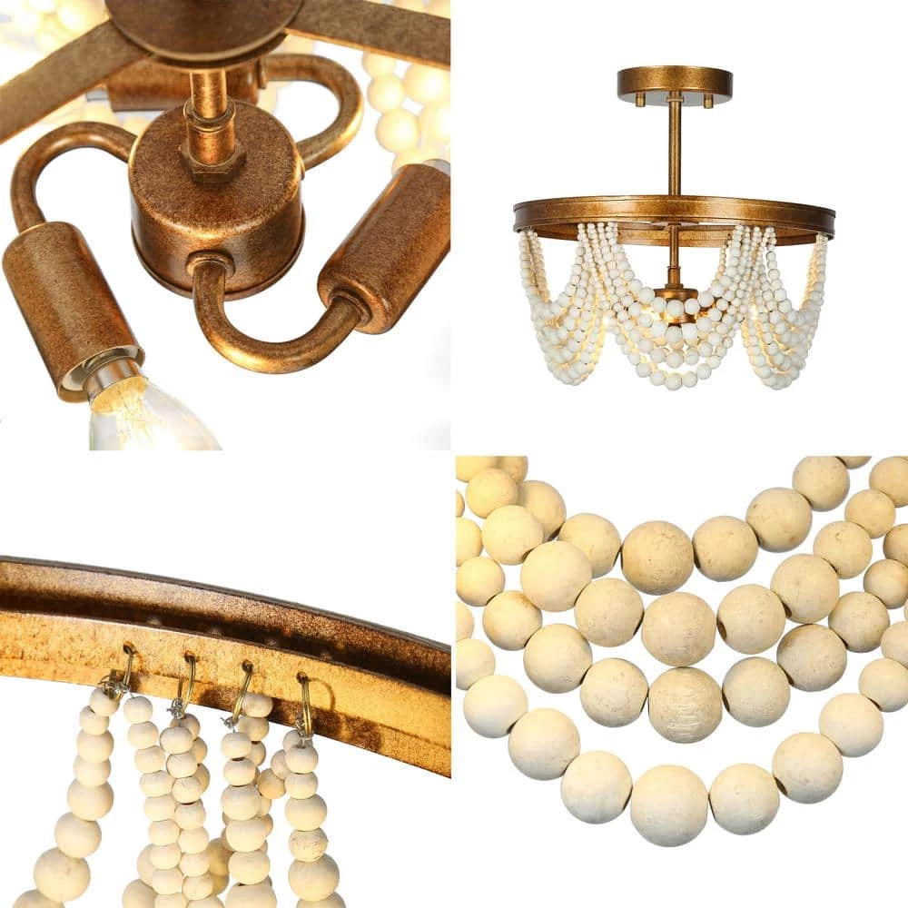 Modern Farmhouse Boho Ceiling Light 3-Light Antique Gold Round Semi-Flush Mount Light with White Wood Beads by Uolfin - Image 6