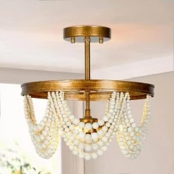 Modern Farmhouse Boho Ceiling Light 3-Light Antique Gold Round Semi-Flush Mount Light with White Wood Beads by Uolfin