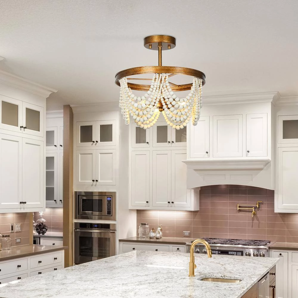 Modern Farmhouse Boho Ceiling Light 3-Light Antique Gold Round Semi-Flush Mount Light with White Wood Beads by Uolfin - Image 2