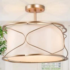 Modern Drum Ceiling Light Imogen 16 in. 3-Light Brass Gold Round Semi-Flush Mount Light with Fabric Shade by Uolfin