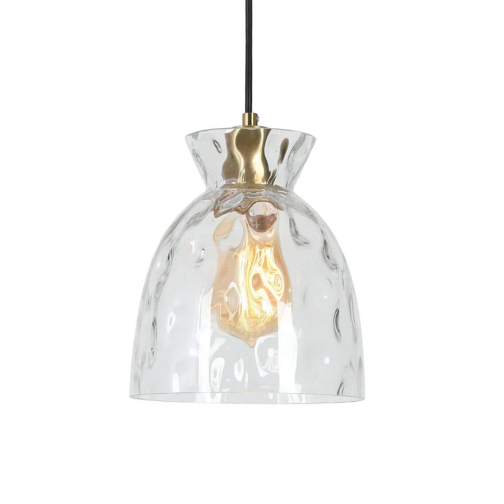 1-Light Modern Brass Gold and Black Pendant Light with Water Glass Shade by Uolfin