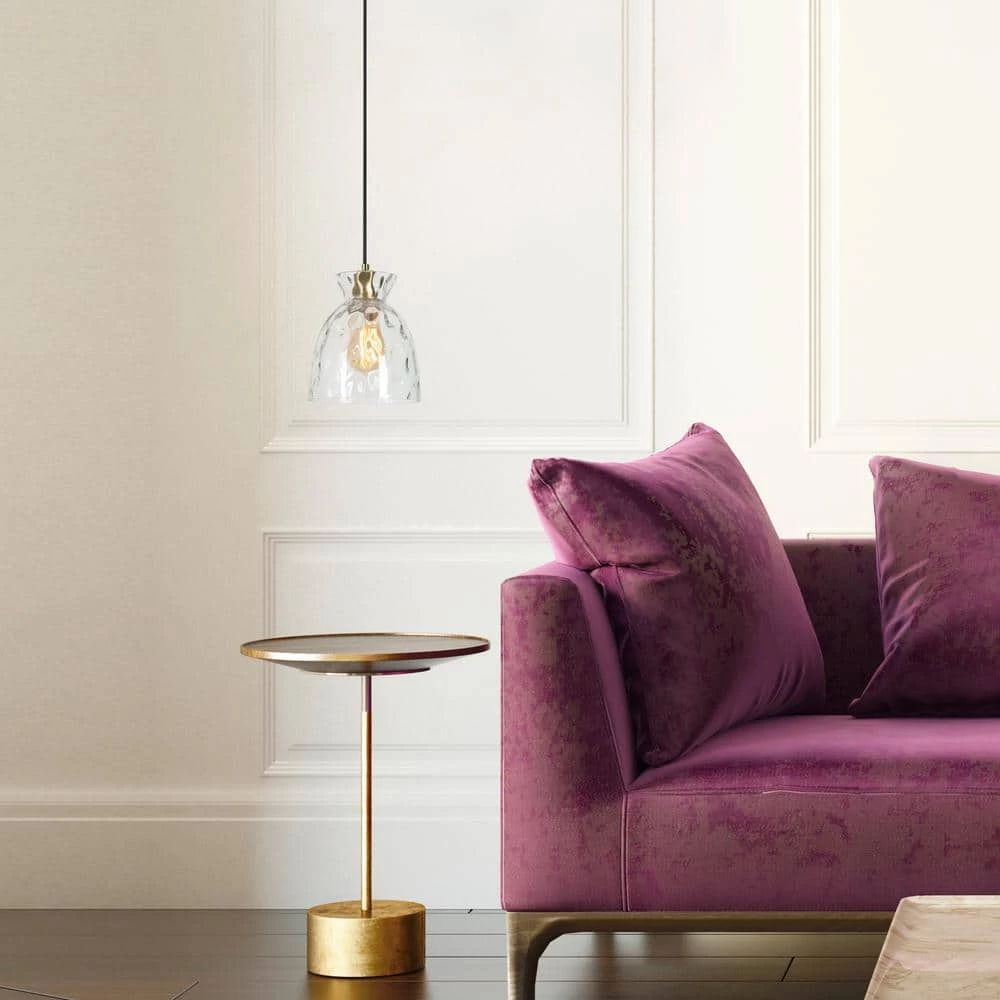 1-Light Modern Brass Gold and Black Pendant Light with Water Glass Shade by Uolfin - Image 2