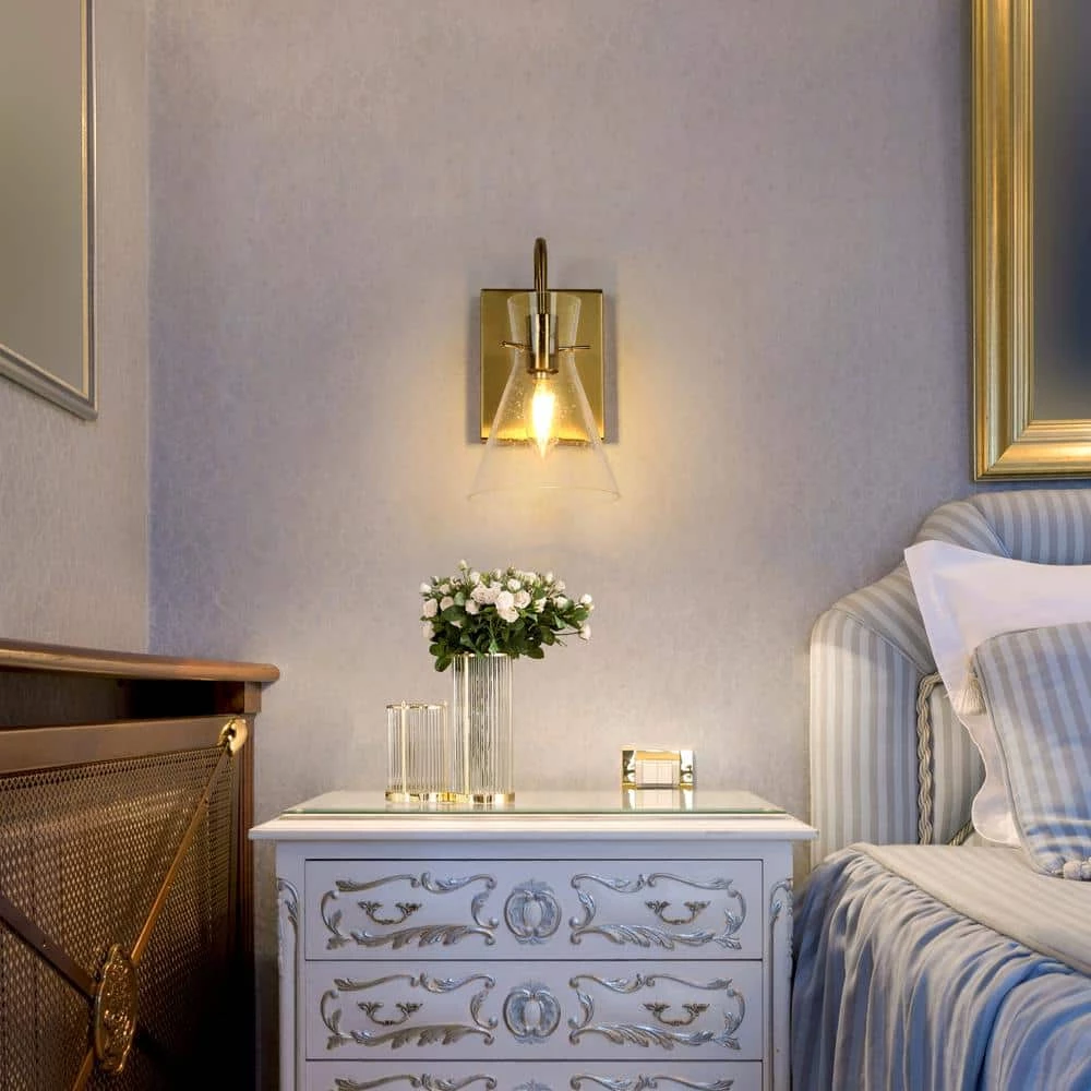 Modern Funnel Bedroom Wall Light(s) 1-Light Gold Bathroom Vanity Light Dome Wall Mount Sconce with Seeded Glass Shade by Uolfin - Image 3